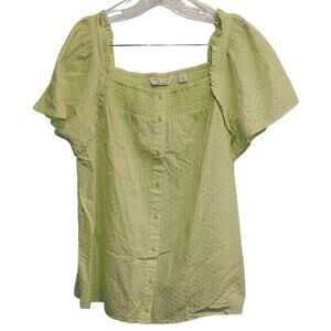 Caffe Marrakech Square Neck Eyelet Lime Green Smocked Blouse Size XL